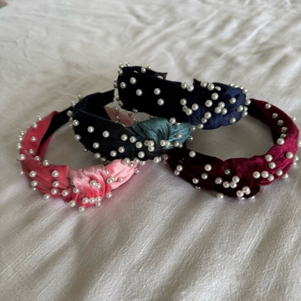 Boutique pearl beaded velvet knot headband bundle